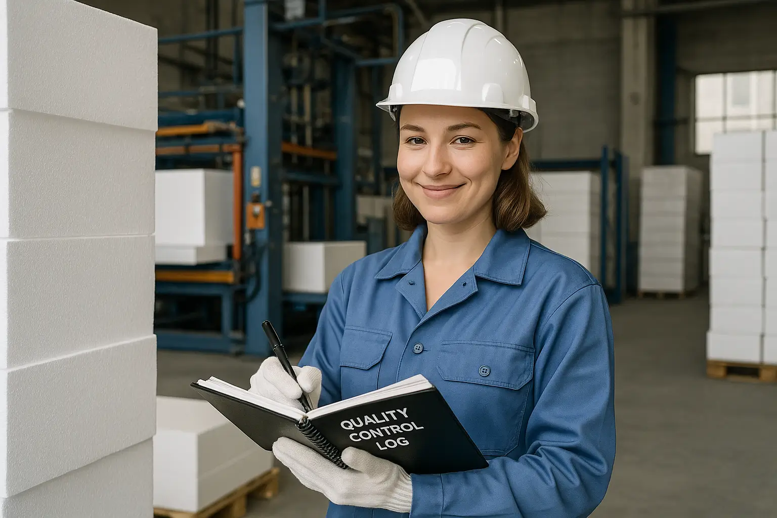 Женщина заполняет журнал контроля качества на производстве.