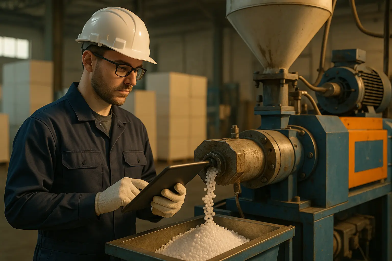 Инженер с планшетом наблюдает за работой экструдера на заводе.