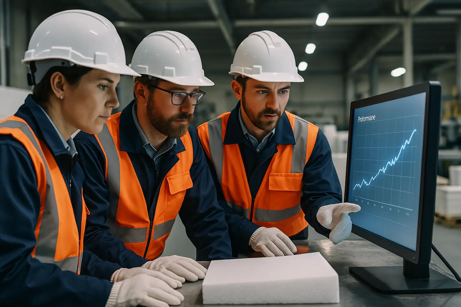 Инженеры изучают график производительности на экране в производственном помещении.