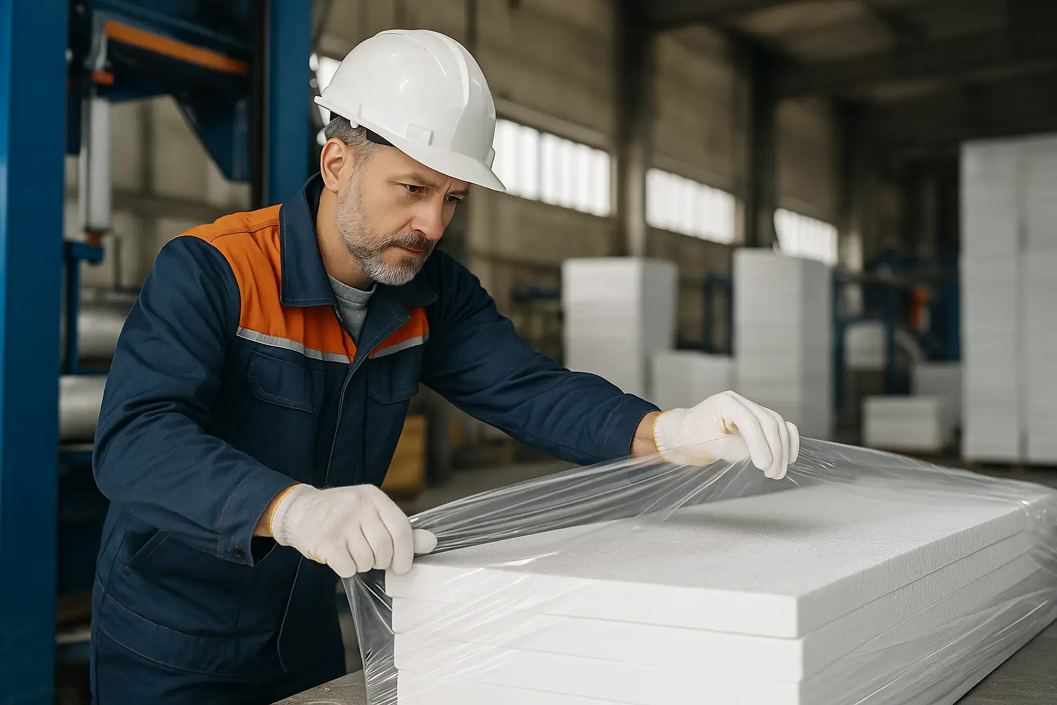 Сотрудник заворачивает листы пенопласта в плёнку для транспортировки.